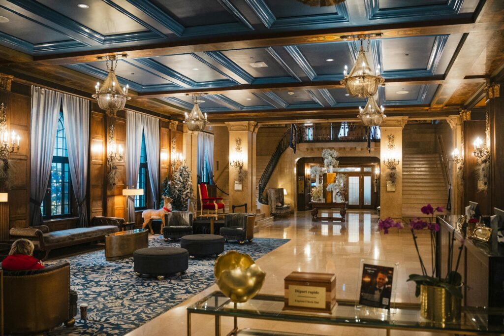 elegant hotel lobby with grand chandelier